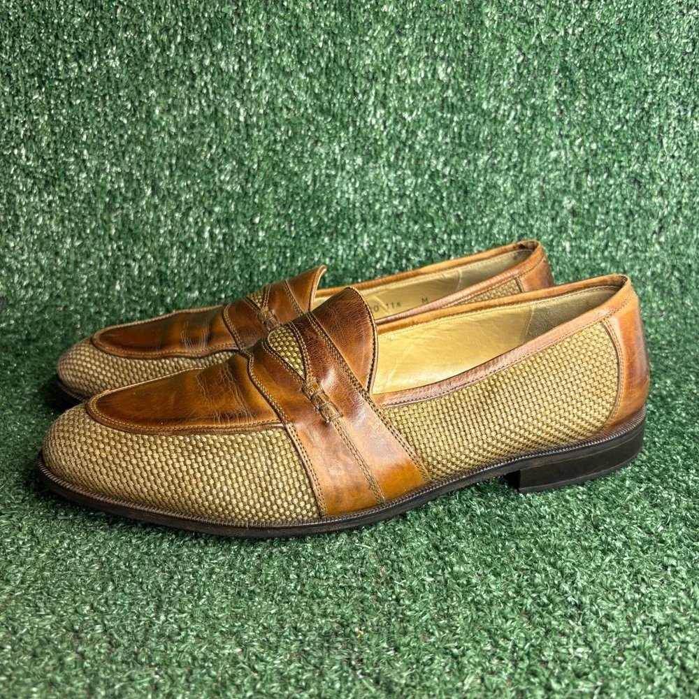 Johnston & Murphy‎ Cellini Woven Leather Penny Loafers Dress Shoes Tan Mens 11.5